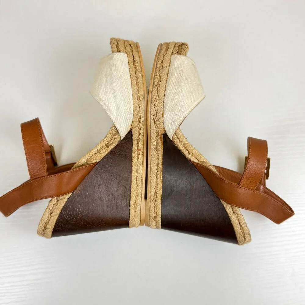 Tory Burch Espadrille Wedge Sandals White Canvas Toe Brown Leather Ankle Strap